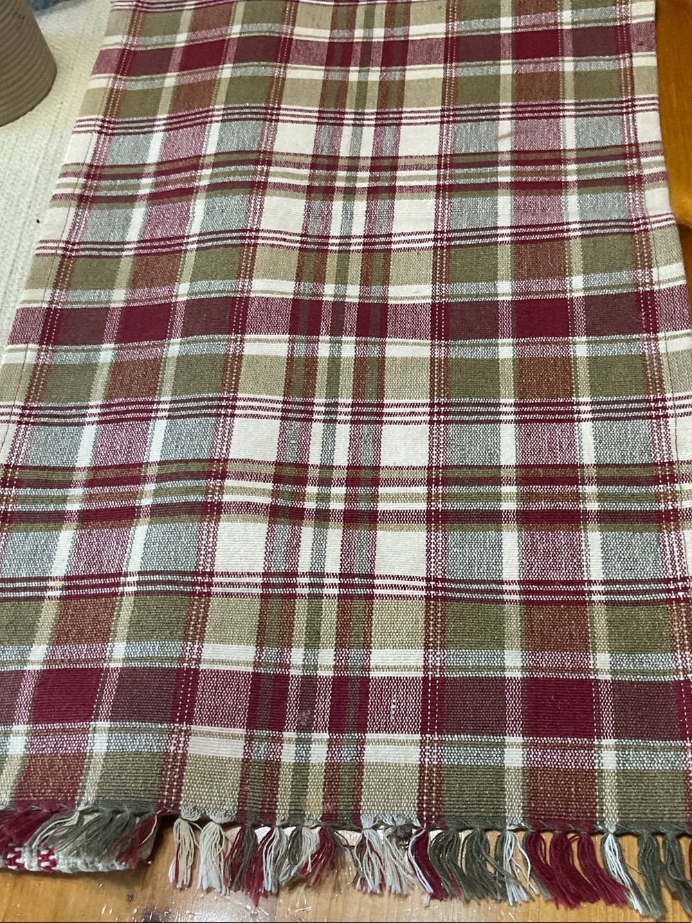 Plaid Park Design Table Runner in Burgundy, Olive & Cream